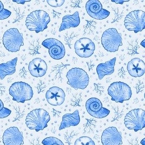 Blue Seashells with Coral and Starfish - Ditsy Scale - Watercolor Nautical Ocean Painted Monotone Beach House
