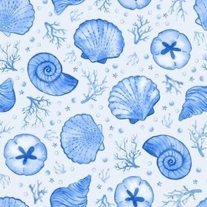 Blue Seashells with Coral and Starfish - Small Scale - Watercolor Nautical Ocean Painted Monotone Beach House