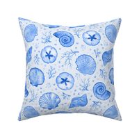 Blue Seashells with Coral and Starfish - Medium Scale - Watercolor Nautical Ocean Painted Monotone Beach House