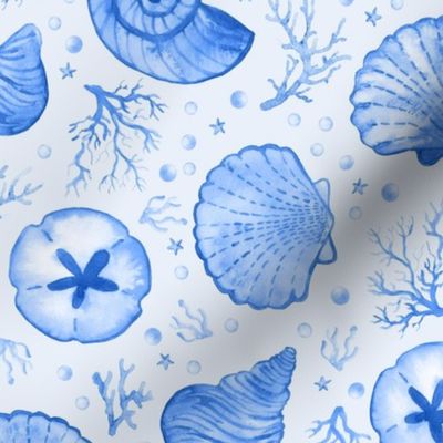 Blue Seashells with Coral and Starfish - Medium Scale - Watercolor Nautical Ocean Painted Monotone Beach House