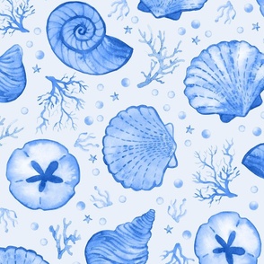 Blue Seashells with Coral and Starfish - Large Scale - Watercolor Nautical Ocean Painted Monotone Beach and Shells House