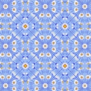 Micro scale Art nouveau white daisies on blue