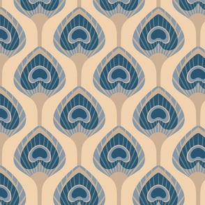 Art Deco Peacock Feathers Cream Blue