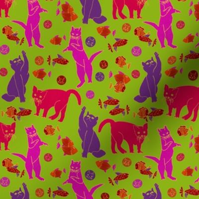 Cats Playing in Viva Magenta, Purple & Pink, Fish Swimming Orange & Rust, Cat Faces on Balls of Color, Light Green Background