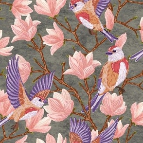 Birds and Pink Magnolias Textured Tapestry