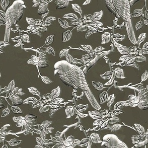 Embossed Shimmering Platinum Birds and Branches on Dark Sage - Large Scale