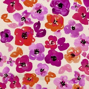 Large Watercolor Flowers, Purple, Orange, Pink Flowers on Cream, multi directional