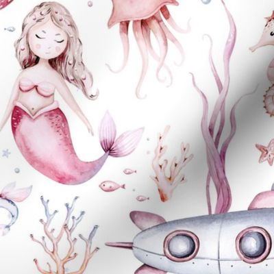 Watercolor sea pattern with mermaids, corals, seahorse. with submarine seaweed, unicorn-fish, fish and jellyfish