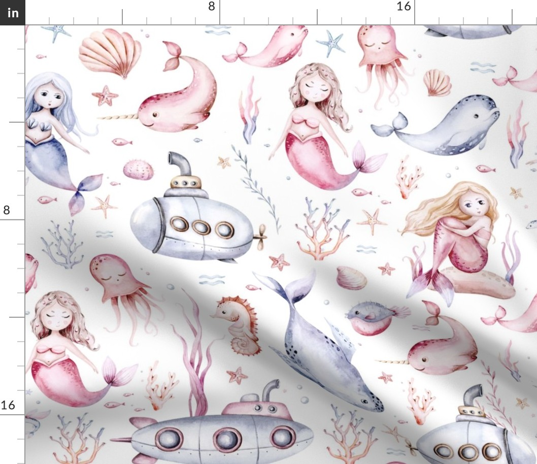 Watercolor sea pattern with mermaids, corals, seahorse. with submarine seaweed, unicorn-fish, fish and jellyfish