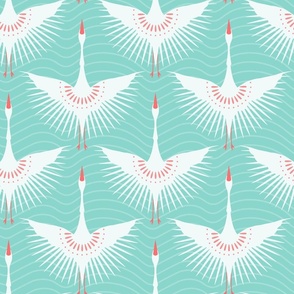 Flying Cranes Art Deco - White on Cool Mint