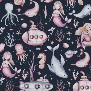 Watercolor sea pattern with mermaids, corals, seahorse. with submarine seaweed , unicorn-fish, fish and jellyfish 2