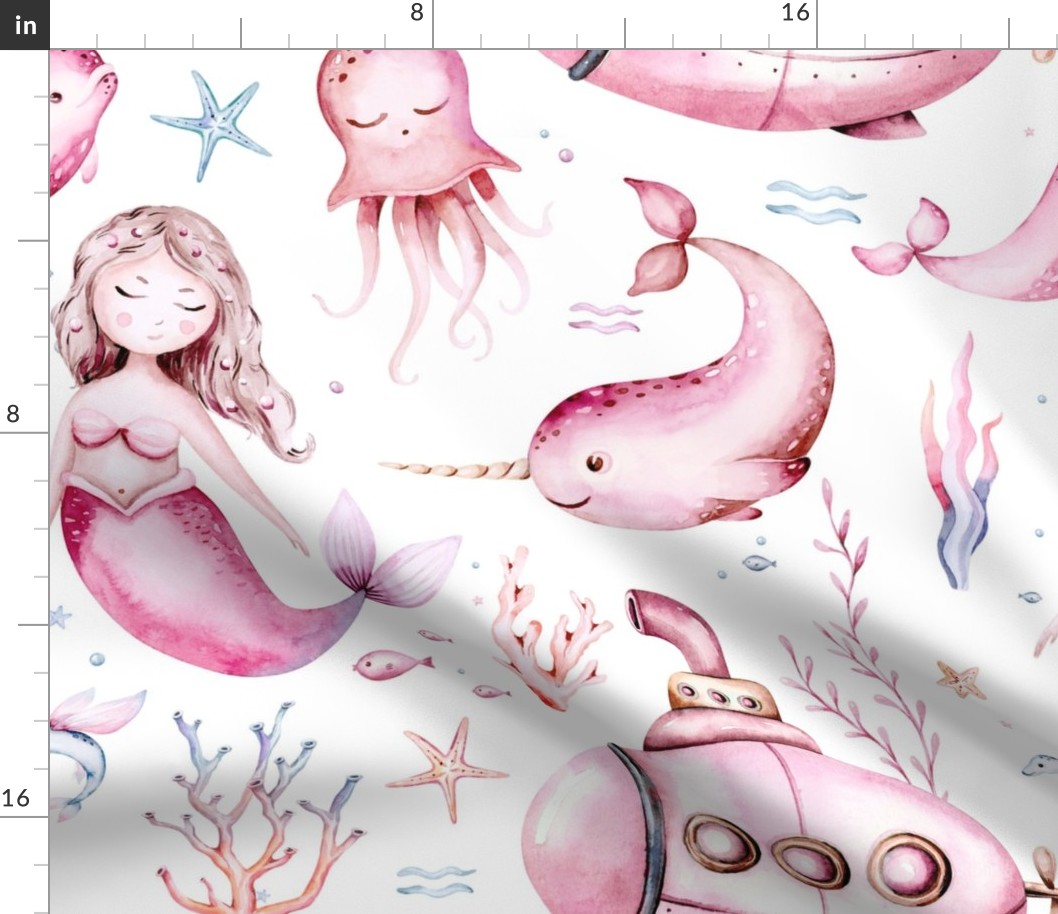 Watercolor sea pattern with mermaids, corals, seahorse. with submarine seaweed, unicorn-fish, fish and jellyfish 3