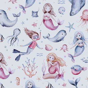 Watercolor sea pattern with mermaids, corals, seahorse. with submarine seaweed, unicorn-fish, fish and jellyfish 6