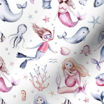 Watercolor sea pattern with mermaids, corals, seahorse. with submarine seaweed, unicorn-fish, fish and jellyfish 5 