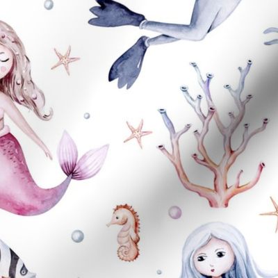 Watercolor sea pattern with mermaids, corals, seahorse. with submarine seaweed, unicorn-fish, fish and jellyfish 4