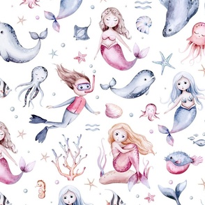 Watercolor sea pattern with mermaids, corals, seahorse. with submarine seaweed, unicorn-fish, fish and jellyfish 4