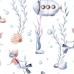 cartoon snorkeling, scuba diver kids boy girl submarine, mermaid, corals, watercolor seahorse fish 