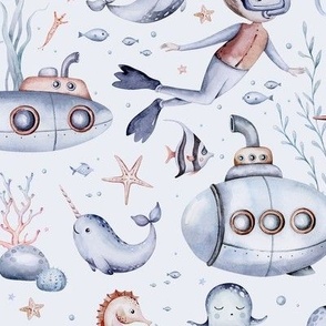 cartoon snorkeling, scuba diver kids boy girl submarine, mermaid, corals, watercolor seahorse fish 