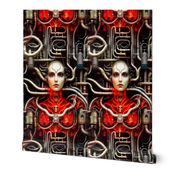 22 biomechanical bioorganic bald female woman red circuit board cyborg robot android tentacles monsters cables wires cybernetics machine demons aliens sci-fi  science fiction futuristic flesh Halloween body horror scary horrifying morbid macabre spooky ee
