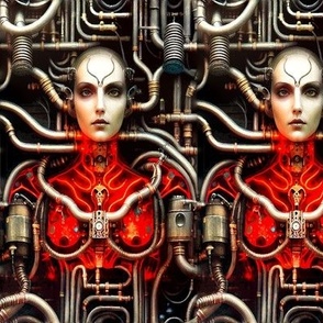 22 biomechanical bioorganic bald female woman red circuit board cyborg robot android tentacles monsters cables wires cybernetics machine demons aliens sci-fi  science fiction futuristic flesh Halloween body horror scary horrifying morbid macabre spooky ee