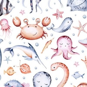 Sea cartoon animals. Blue watercolor ocean fish, turtle, whale and coral. Shell aquarium dolphin, crab octopus Nautical marine illustration, jellyfish, starfish