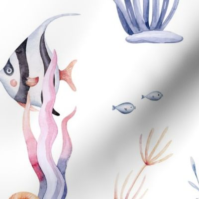 Sea cartoon animals. Blue watercolor ocean fish, turtle, whale and coral. Shell aquarium dolphin, crab octopus Nautical marine illustration, jellyfish, starfish