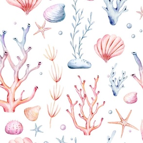 Sea cartoon animals. Blue watercolor ocean fish, turtle, whale and coral. Shell aquarium dolphin, crab octopus Nautical marine illustration, jellyfish