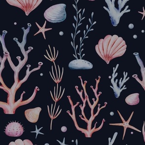 Sea cartoon animals. Blue watercolor ocean fish, turtle, whale and coral. Shell aquarium dolphin, crab octopus Nautical marine illustration, jellyfish