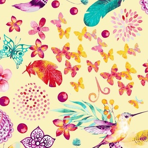 Whimsical Boho Watercolor Pattern With Elephants, Birds And Butterflies On Light Yellow