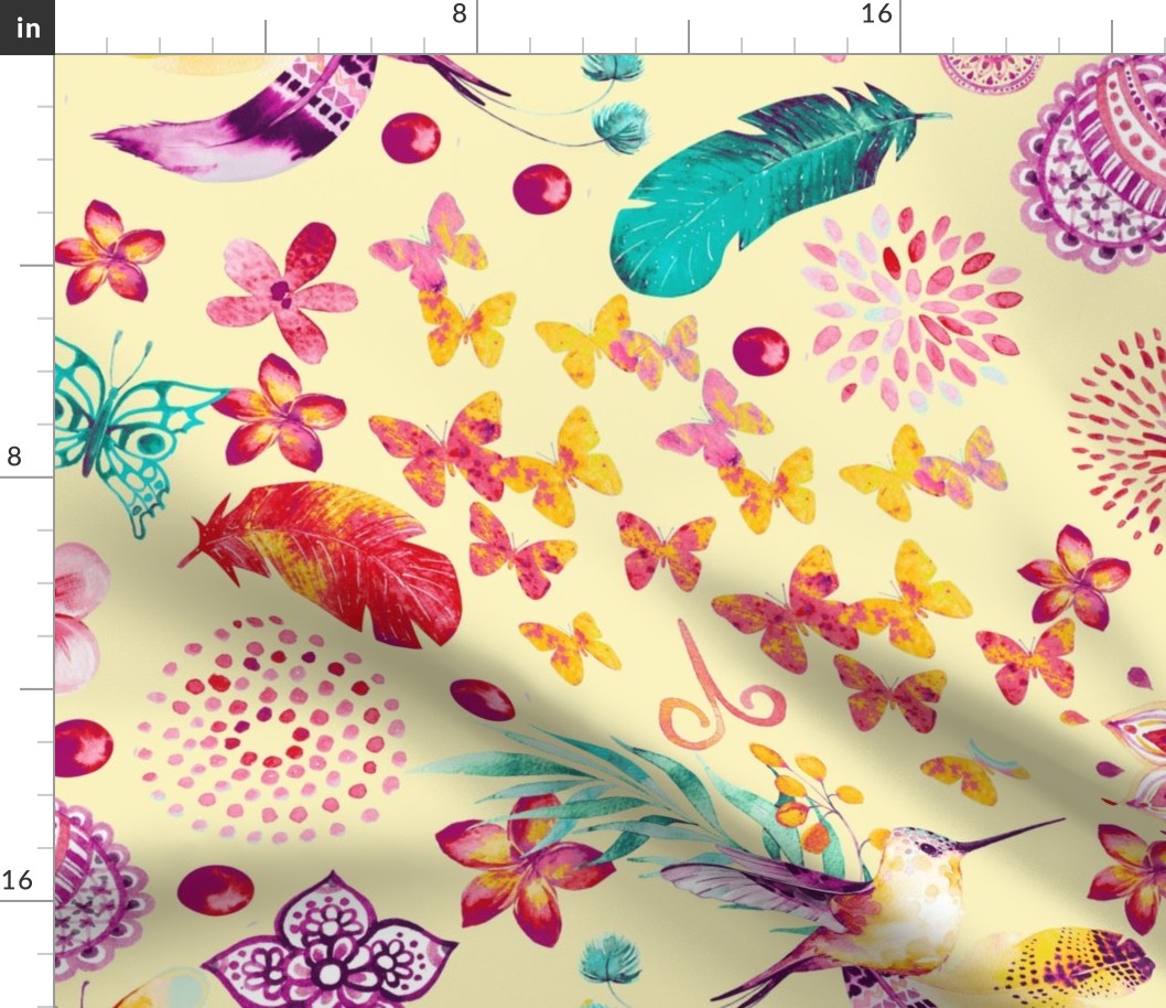 Whimsical Boho Watercolor Pattern With Elephants, Birds And Butterflies On Light Yellow