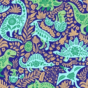 Folk Art Dinosaurs Turquoise navy gold