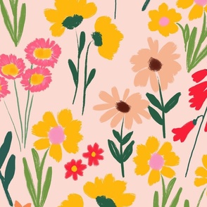 02 Happy Florals in Warm Yellow and Coral Pink Extra Large Scale