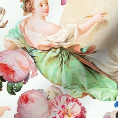 Lush Baroque Vintage Ladies and Cherubs in Magic Redouté Rose Garden  off white 