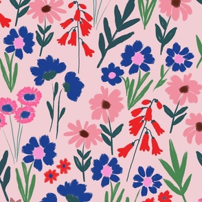 Happy Florals in Pink, Blue and Red Extra Large Scale 03 