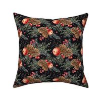 Vintage Christmas pine cone and apple on black