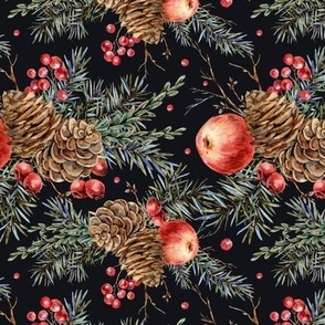 Vintage Christmas pine cone and apple on black