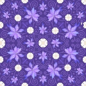 Purple clematis and daisies on indigo