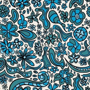 Ocean blues and teal scattered, tossed handdrawn abstract whimiscal flowers Small