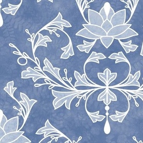 Lotus and Leaves Damask on Dusty Blue