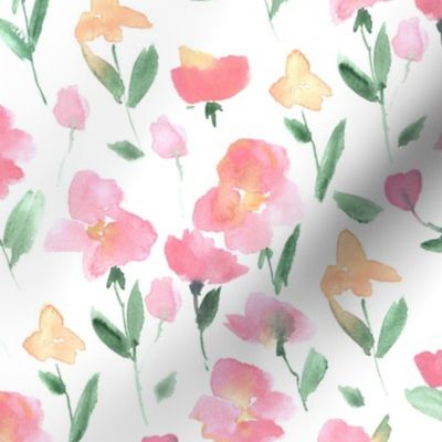 enchanting meadow in peach fuzz and blush pink - watercolor sweet flowers bloom - painted stylised florals for nursery home decor wallpaper b134-1