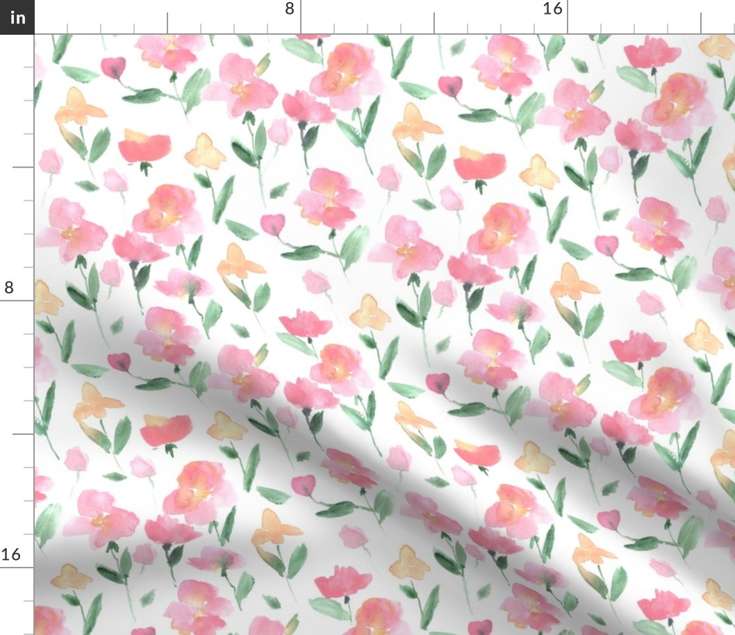 enchanting meadow in peach fuzz and blush pink - watercolor sweet flowers bloom - painted stylised florals for nursery home decor wallpaper b134-1