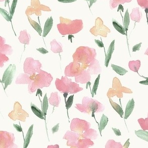 blush enchanting meadow - watercolor pastel pink sweet flowers bloom - painted stylised florals for nursery home decor wallpaper b134-2