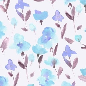 enchanting meadow in blue and earthy - watercolor sweet flowers bloom - painted stylised florals for nursery home decor wallpaper b134-5