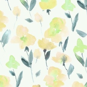 Golden-emerald enchanting meadow - watercolor sweet flowers bloom - painted stylised florals for nursery home decor wallpaper b134-6