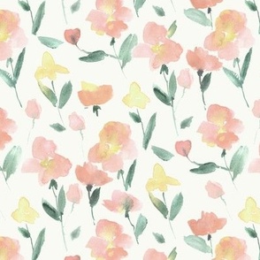 Coral enchanting meadow - watercolor sweet flowers bloom - painted stylised florals for nursery home decor wallpaper b134-7
