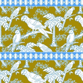 Parrot Jungle  in Green, White, and Light Blue Scroll