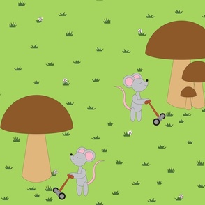 Mouse Mowing Moss Under the Mushrooms -Medium Size