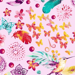 Whimsical Boho Watercolor Pattern With Elephants, Birds And Butterflies On Pink