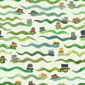 Snakes with Hats - Medium Scale - Green Background Papercut Collage Hand painted Kid design