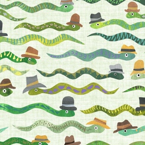 Snakes with Hats - Large Scale - Green Background Papercut Collage Hand painted Kid design